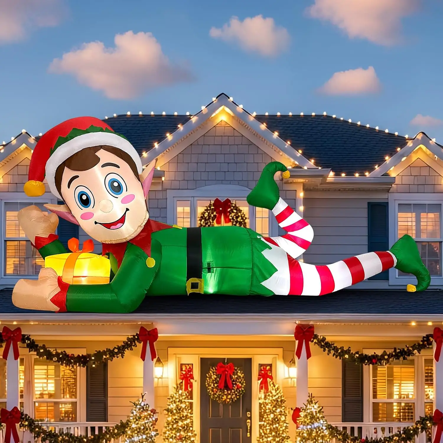 Giant Elf Christmas Inflatable Outdoor Decoration, 10FT Blow Up Yard Decor with LED Lights, Holiday Xmas Inflatable for Roof, Lawn & Outside Display