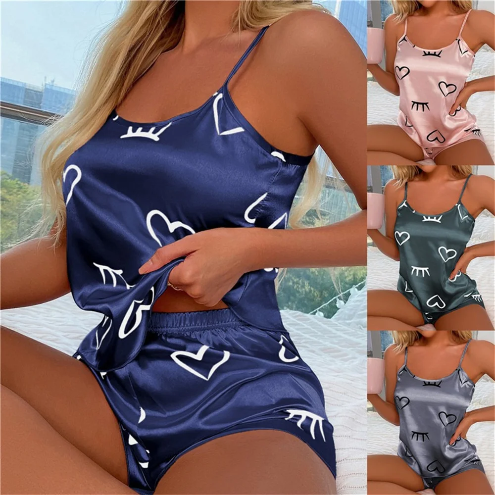 Women Pajama Set Sexy Heart Print 2 Pieces Sleepwear Pyjamas Silk Satin Top And Shorts Nightwear Suits Sleeveless Underwear Tops