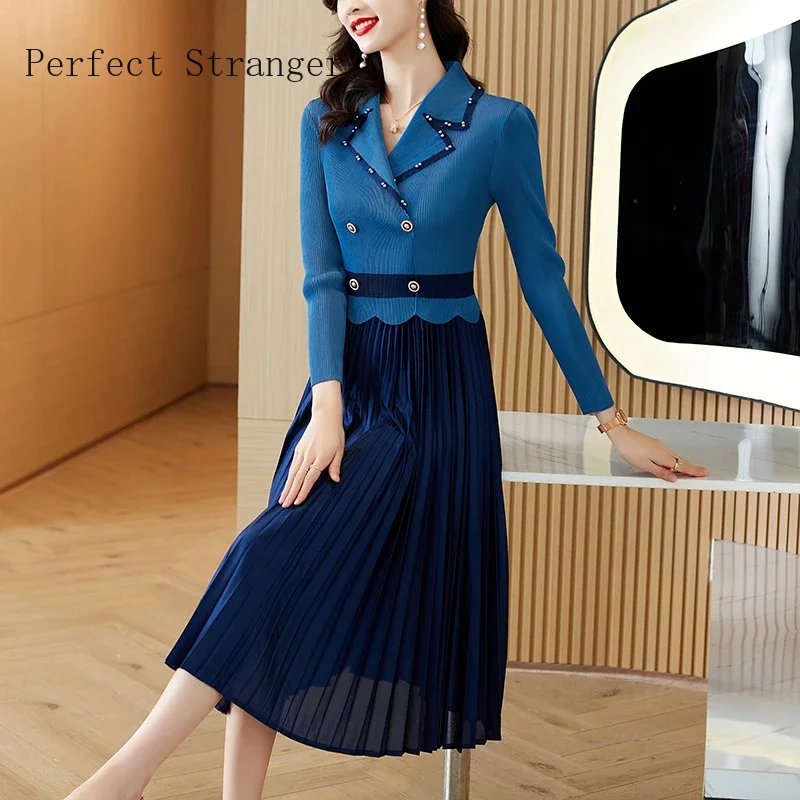 

2024 Summer New Wrinkle Hot Sale Turn-down Collar Long Sleeve Women Pleated Long Dress Pleuche Vestidos High Quality