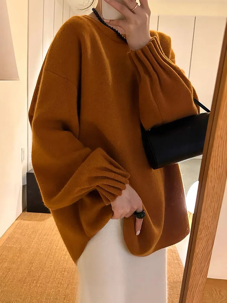 Korean Design Lantern Sve Thiened Knitted Sweater round Ne Loose Women's Autumn Winter Faionable All-Match Top