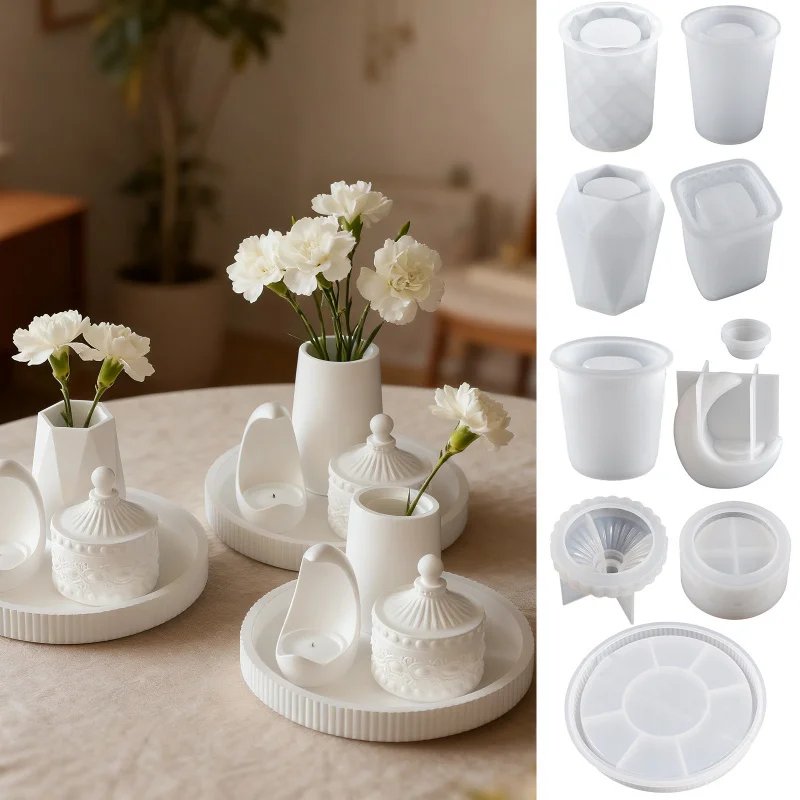 

Creative Round Striped Tray & Faceted Vase Set with Moon Candle Holder - DIY Epoxy Resin Silicone Mold for Multi-Style Crafts