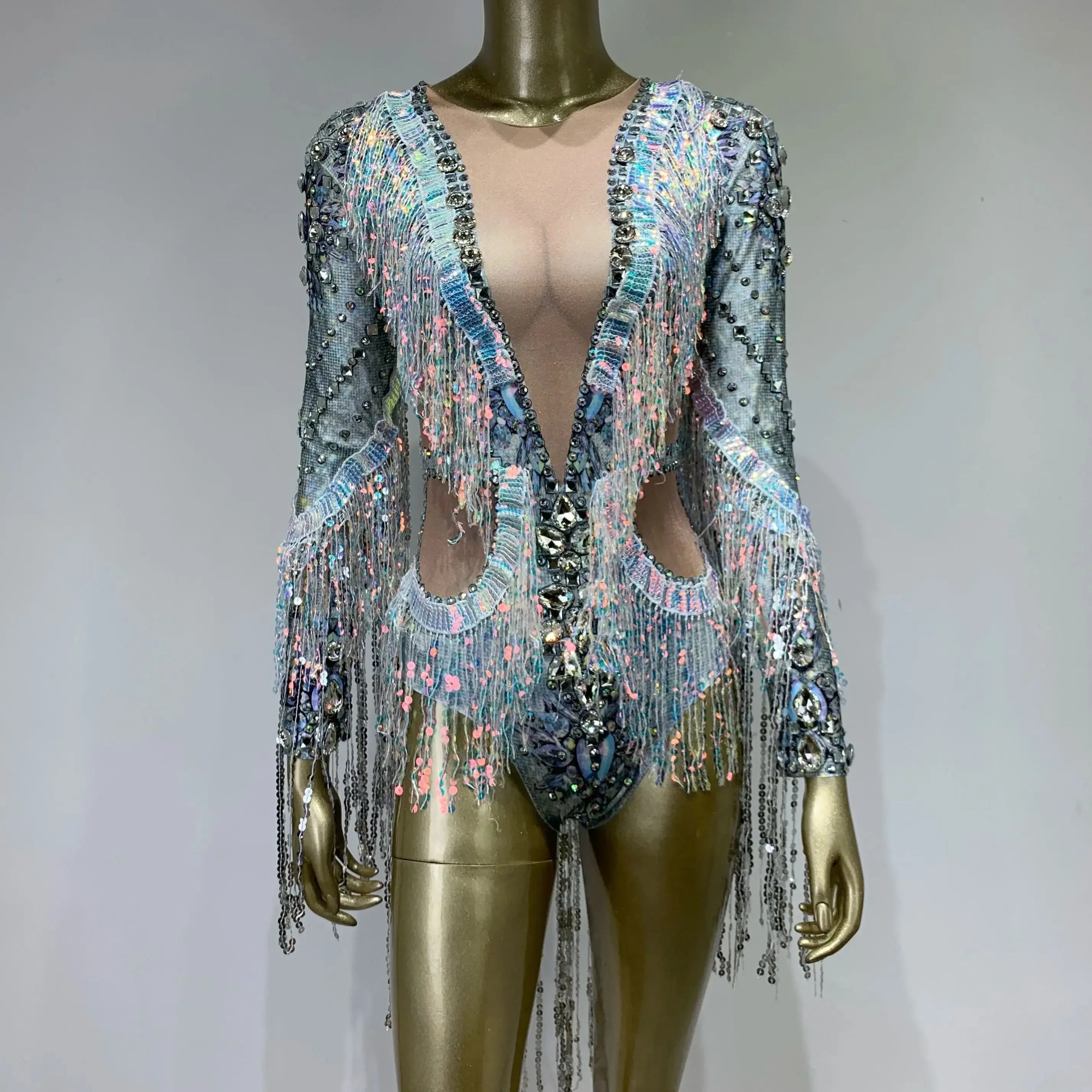 

Sexy Sparkling Women Outfit Elastic Sequins Tassels Rhinestone Long Sleeved Jumpsuits Bodysuit Costumes Stage Performance Clothi