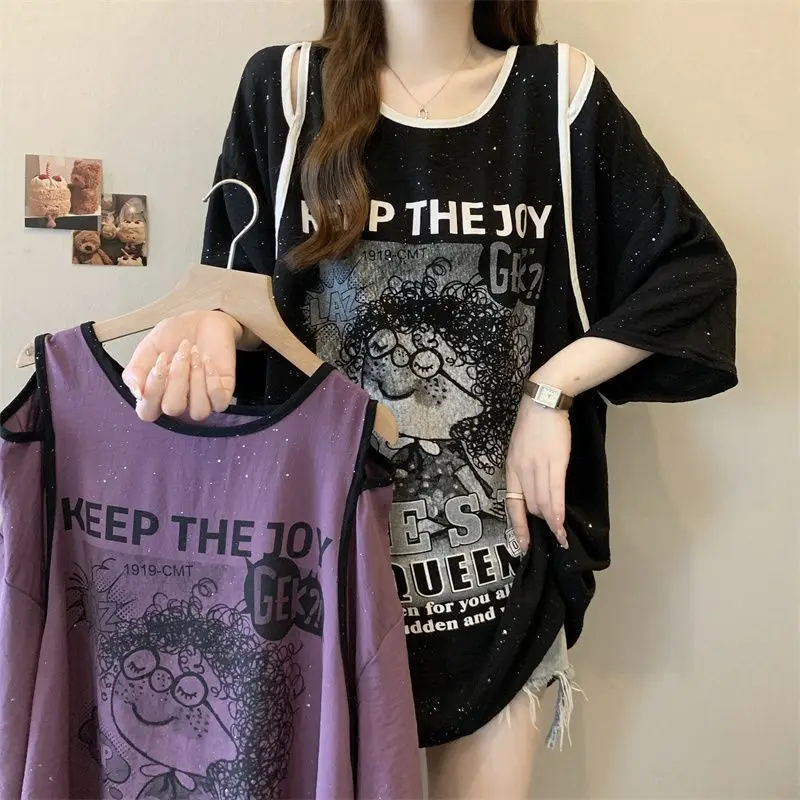 

Off Shoulder Mid Length Short Sleeved T-shirt for Women's Summer New Style Loose and Slimming Design Fashionable Top