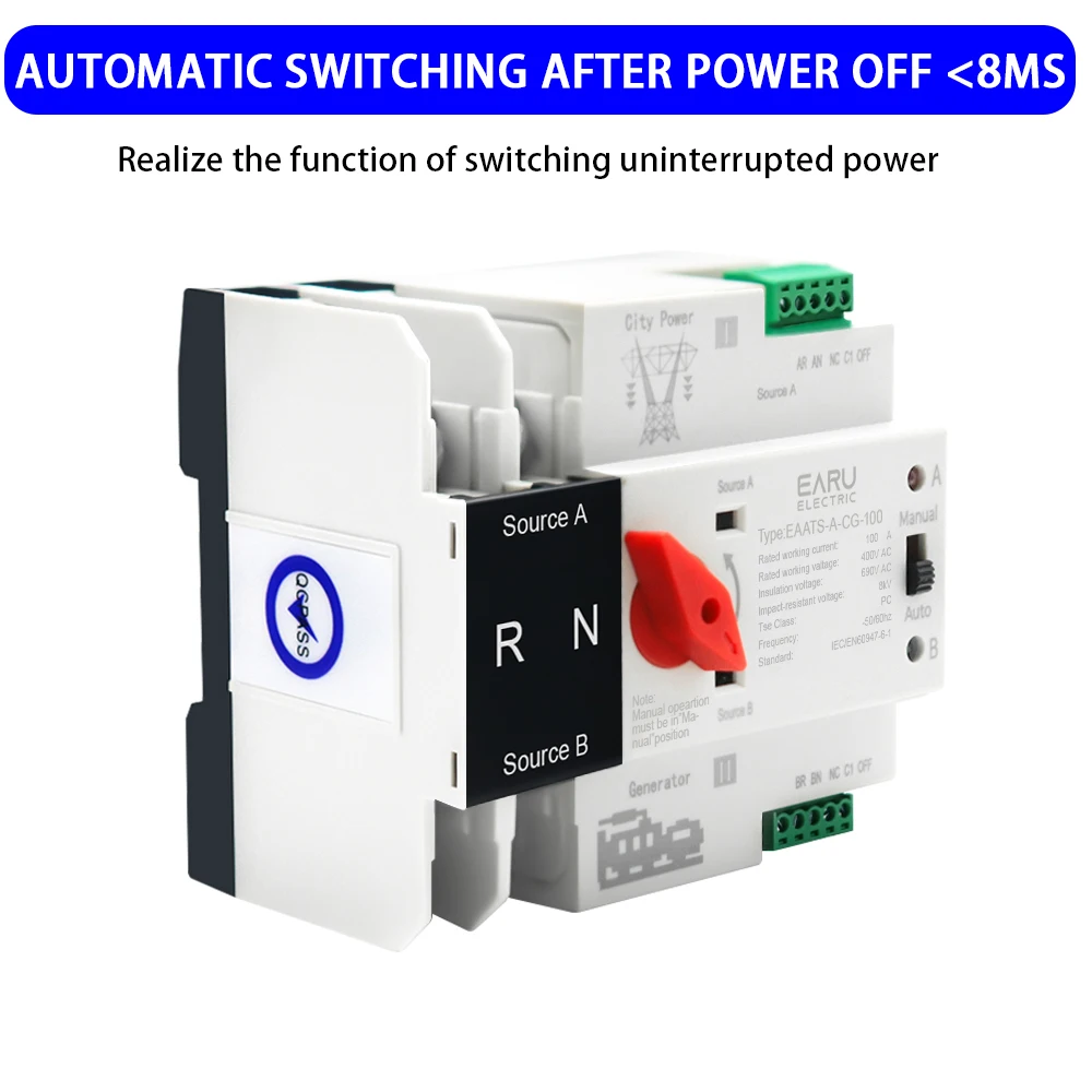 Din Rail 2P ATS Dual Power Automatic Transfer Switch Selector Switches Uninterruptible Millisecond Power Generator 100A AC 220V