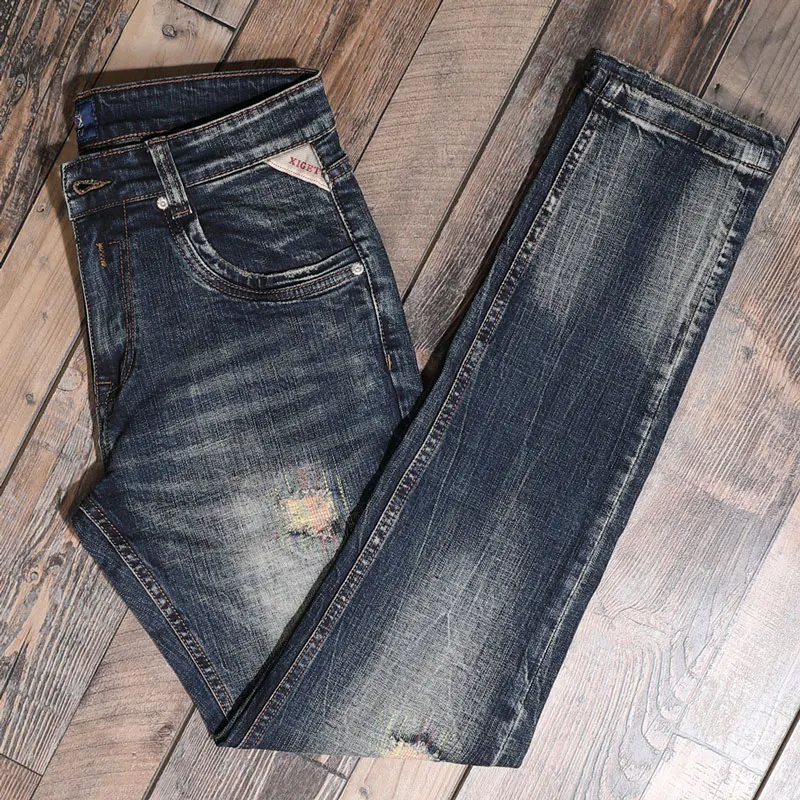 Fashion Designer Men Jeans High Quality Retro Black Blue Stretch Slim Fit Ripped Jeans Men Embroidery Patched Vintage Pants