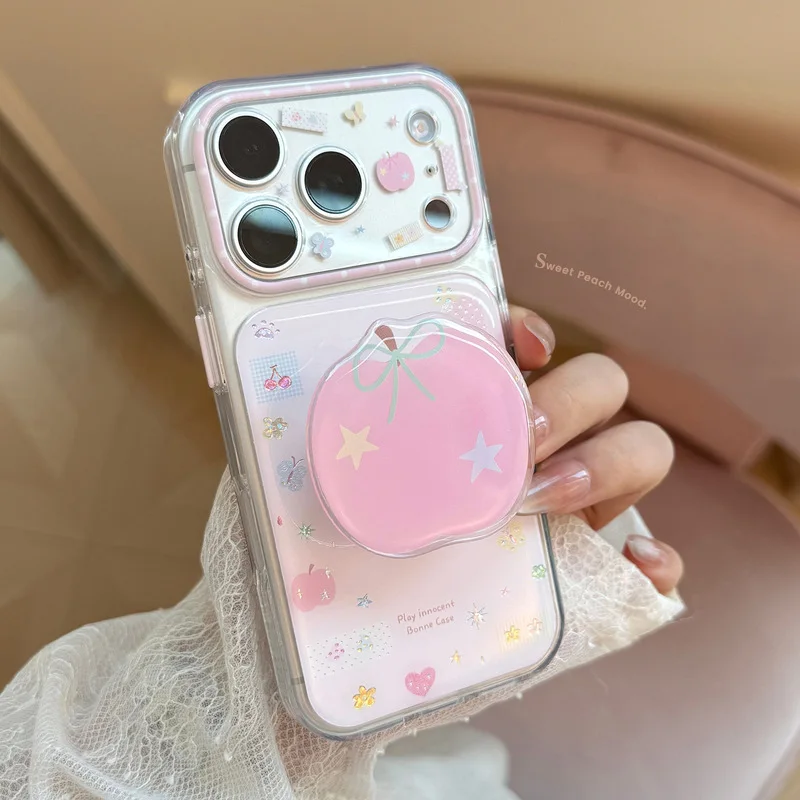 Cute Pink Apple Print Double Sided Magnetic Shockproof Protective Cover PC+TPU with Foldable Kickstand for iPhone 17 Pro Max