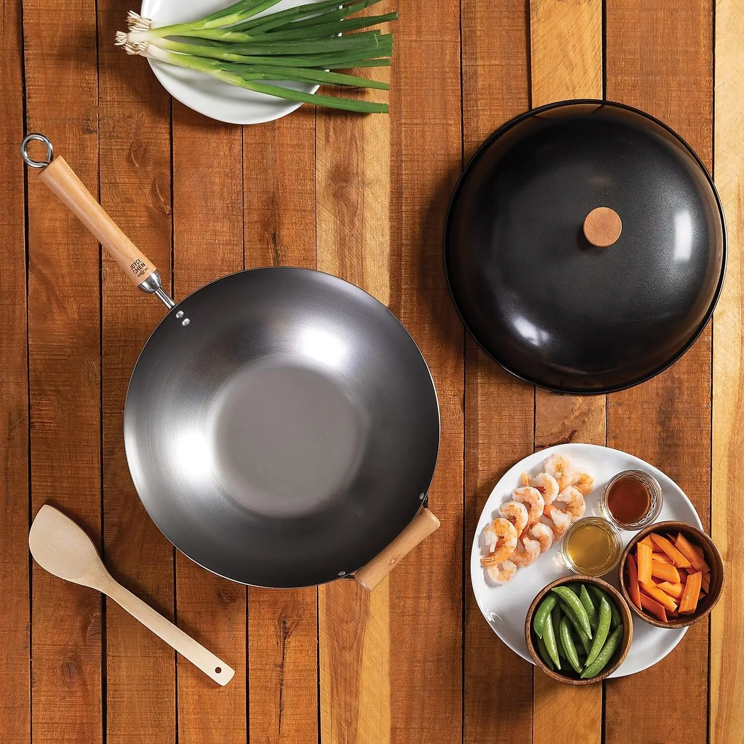 14-Inch Uncoated Carbon Steel Wok Set with Lid and Wood Handles, 4-Piece for High-Temp Cooking 2