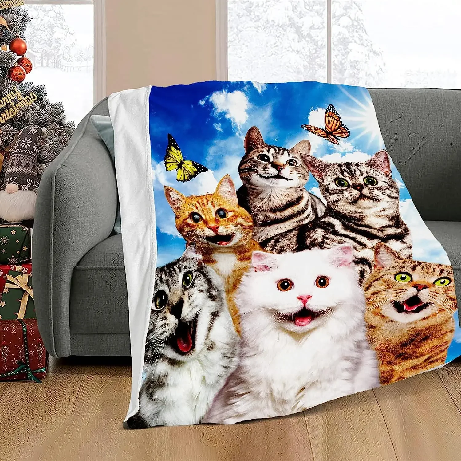 

Smile Cat Throw Blanket, Soft Plush Kitten Fuzzy Flannel Blanket, Cartoon Cat Print Throws Blankets for Cat Lover