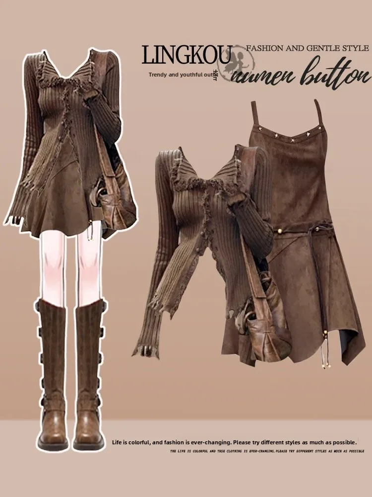 

Large Size Spring Mermaid Knitted Sweater And Vintage Strap Dress Two Piece Set Women's Design Sense Irregular Fashion Ensemble