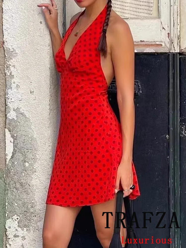 TRAFZA Vintage Chic Casual Women Dress Dot V-Neck Sleeveless Folds Slim Short Vestidos Fashion 2024 Spring Summer Dress