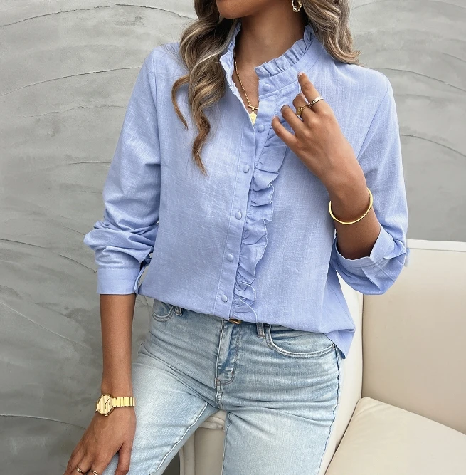 Fashion Clothing Women's Shirt Top Elegant Commuting Casual Solid Color Ruffle Collar Button Frill Trim Long Sleeve Straight Top