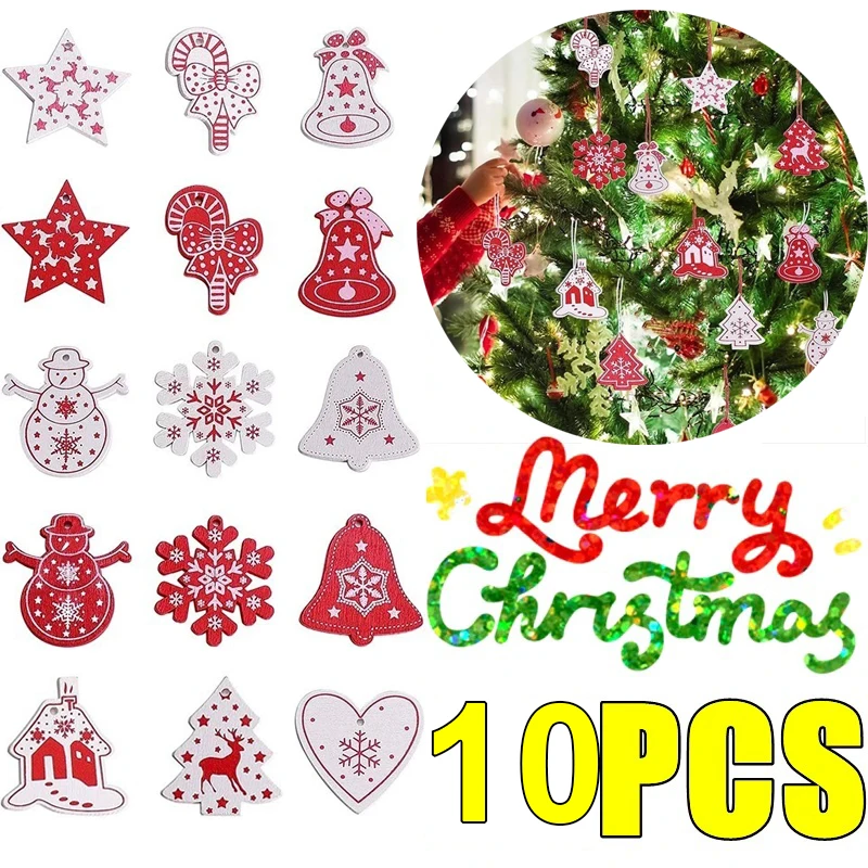 10 Stücke Holz Weihnachtsdekorationen Hängen Weihnachtsbaum Schneeflocke Glocken Elch Anhänger für Wohnkultur Navidad Neujahr Ornament