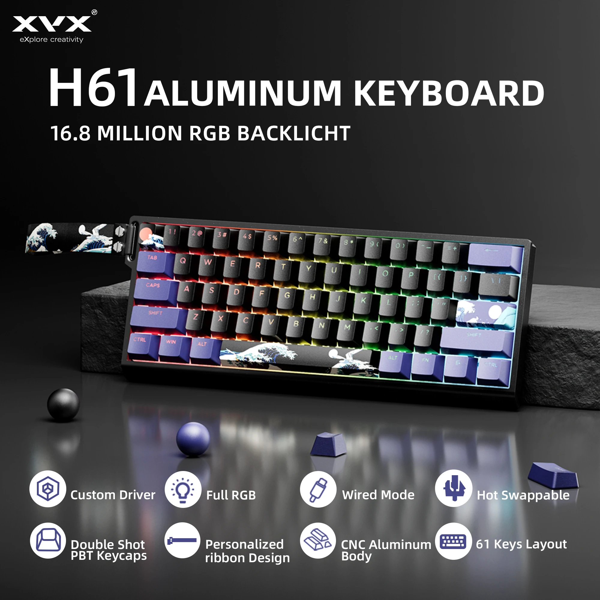 XVX H61 Wired Aluminum Gaming Keyboard 60% Percent with Strap Hot Swappable Kanagawa PBT Keycaps RGB Backlit Cherry Profile