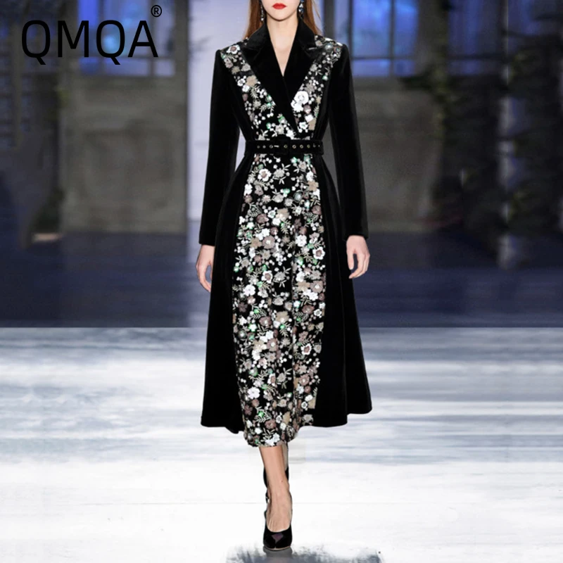 

QMQA Fashion Women's Sequined Flowers Velvet Dresses Lapel Long Sleeved Belt Waist Elegant Dress New Female Clothing 1A980