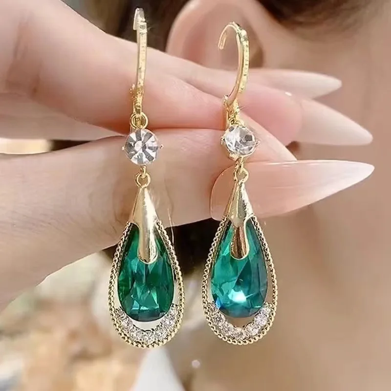 Green Color Zircon Crystal Long Tassel Water Drop Earrings for Women Temperament Korean Jewelry Pendientes Boucle d'oreille