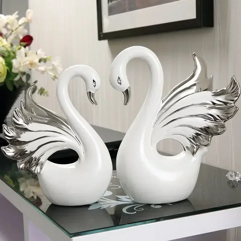 European Couple Swan Ceramic Ornaments Fengshui Home Livingroom Desktop Figurines Decoration Bookcase Table Accessories Crafts