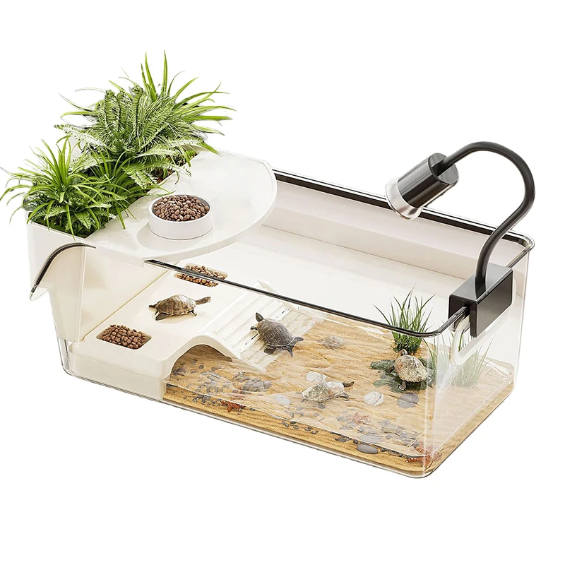 

Turtle Tank with Basking Ramp Reptile Terrarium for Frog Hermit Crabs Amphibians Breeding Feeding Habitat Container