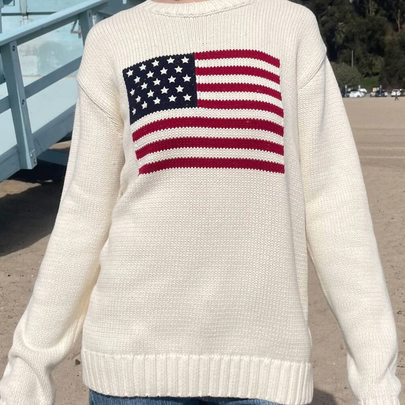 Women's Loose Fit Sweaters Fall Winter Casual Stars Stripe Flag Print Round Neck Long Sleeve Pullovers Knitted Jumpers