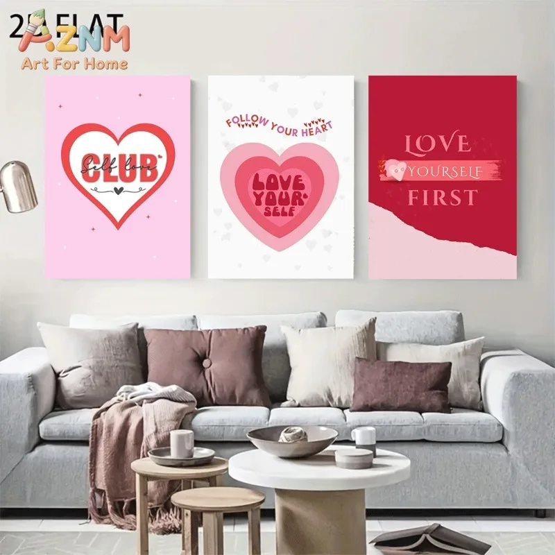 Unframed 3PCS Self Love Club Heart Canvas Wall Art Follow Your Heart Love Yourself First Quote Print Poster Home Bedroom Decor