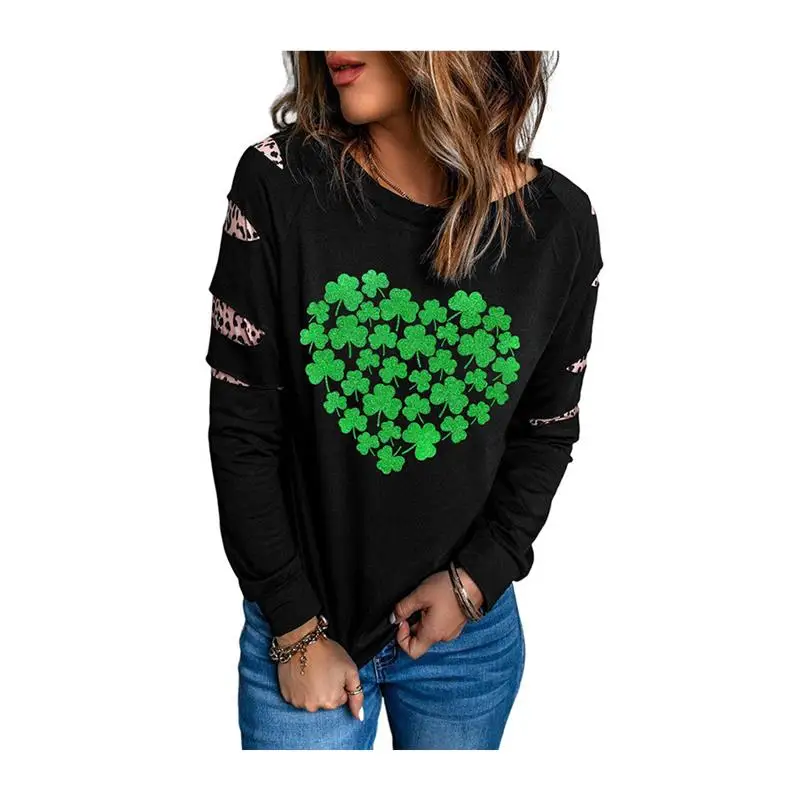 Women's Oversized Long Sve Hoodie Print Design Four Le Clover Heart aped Leopard Pattern Autumn New Sle Top