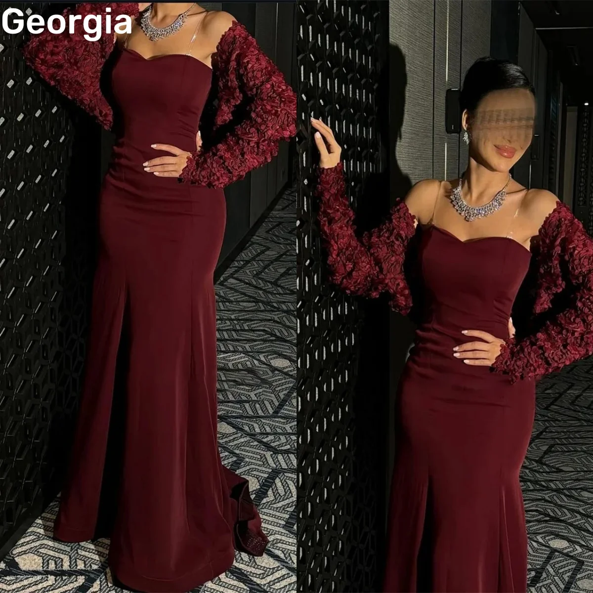 Burgundowa Dubajska Luksusowa Sukienka Wieczorowa Szyta na Miarę Dekolt w Serek Syrenka Sukienki Koktajlowe Długość Do Podłogi Falbany Zamek Błyskawiczny فستان حفلات الز