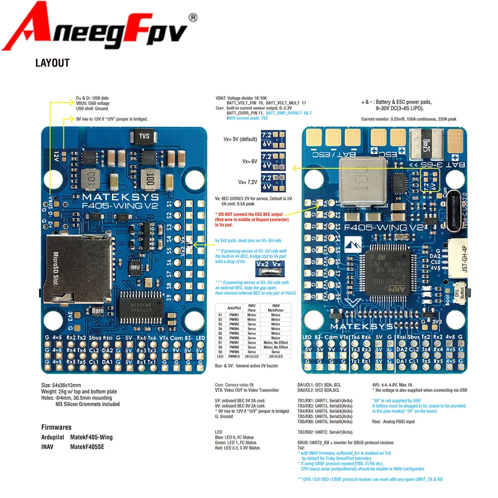 MATEKSYS Matek F405-WING V2 Flight Controller with STM32F405 & ICM-42688P OSD/SD Support for ArduPilot INAV RC Airplane