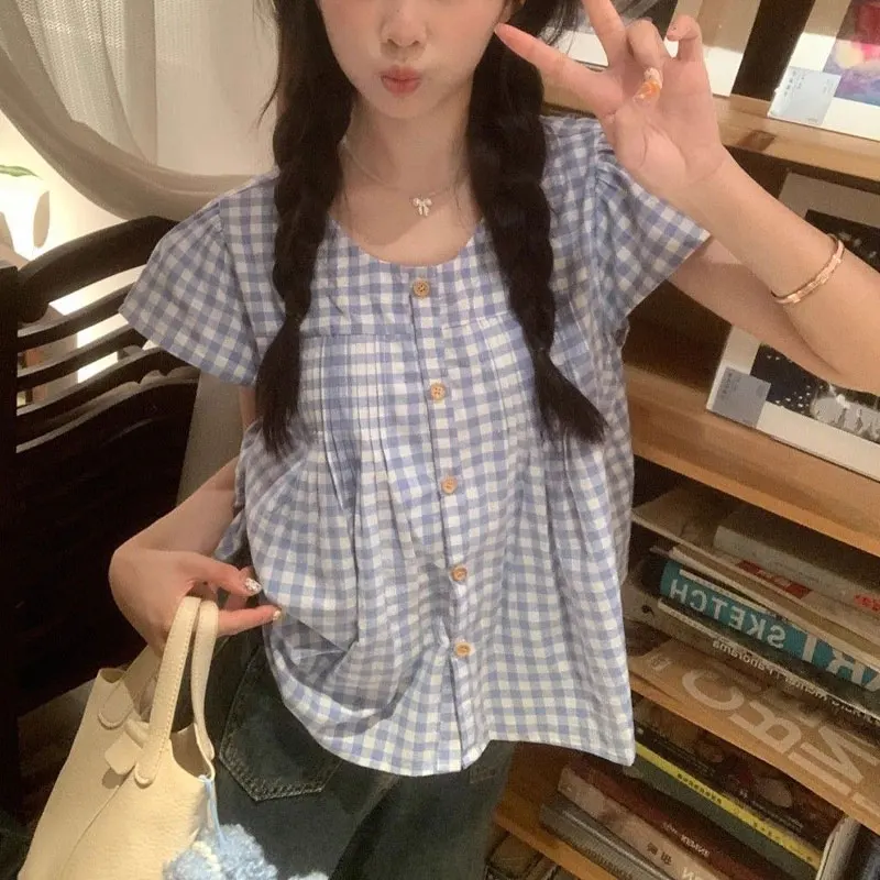 

Sweet Blue Plaid Loose Blouse Summer Fashion Flying Sleeve Female Clothing Round Neck Casual Single-breasted Korean Basic Shirts