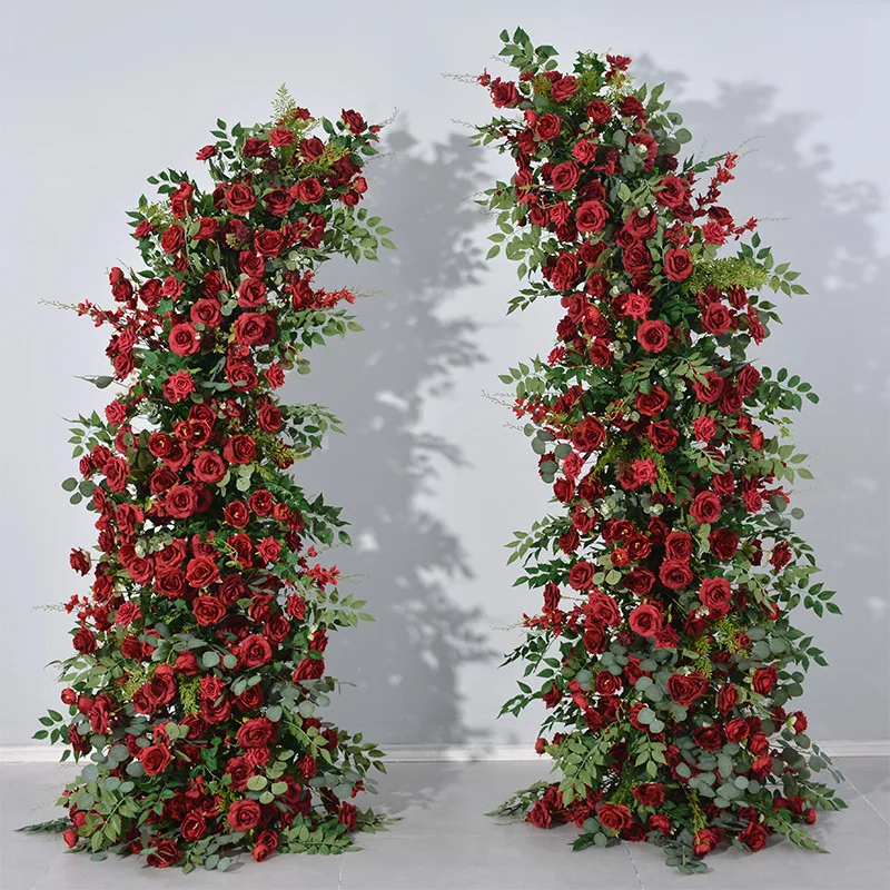 

Artificial Green Plants Deep Red Cow Horn Flowers Wedding Arch Decoration Engagement and Proposal on site Decoration