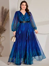 TOLEEN Plus Size Women Maxi Dresses 2024 New Luxury Elegant Ombre Lantern Sleeve V-Neck Arabia Long Dress, For Summer Vocation