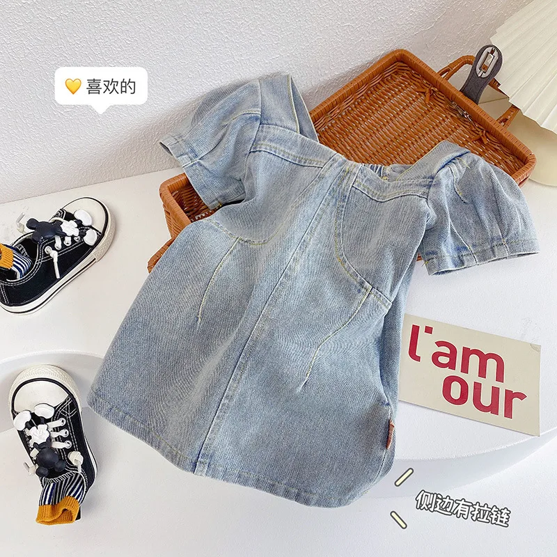 Summer Baby Girl Denim Short-sleeved Dress Children Kids Girls Jean Puff Sleeve Dresses