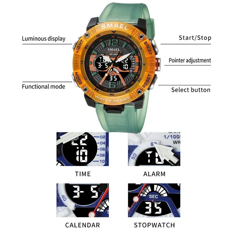 SMAEL Waterproof  Male Clock Digital LED Display Quartz Analog Stopwatch Fashion Clock  Men Watch Sport Watches 8058