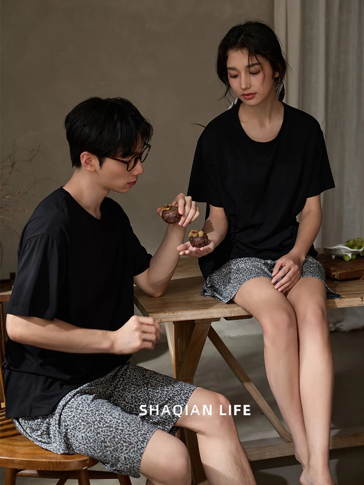 couple's-summer-sleepwear-short-sleeve-modal-cotton-home-clothes-men's-short-pants-set-women's-with-chest-pad-cool-feeling