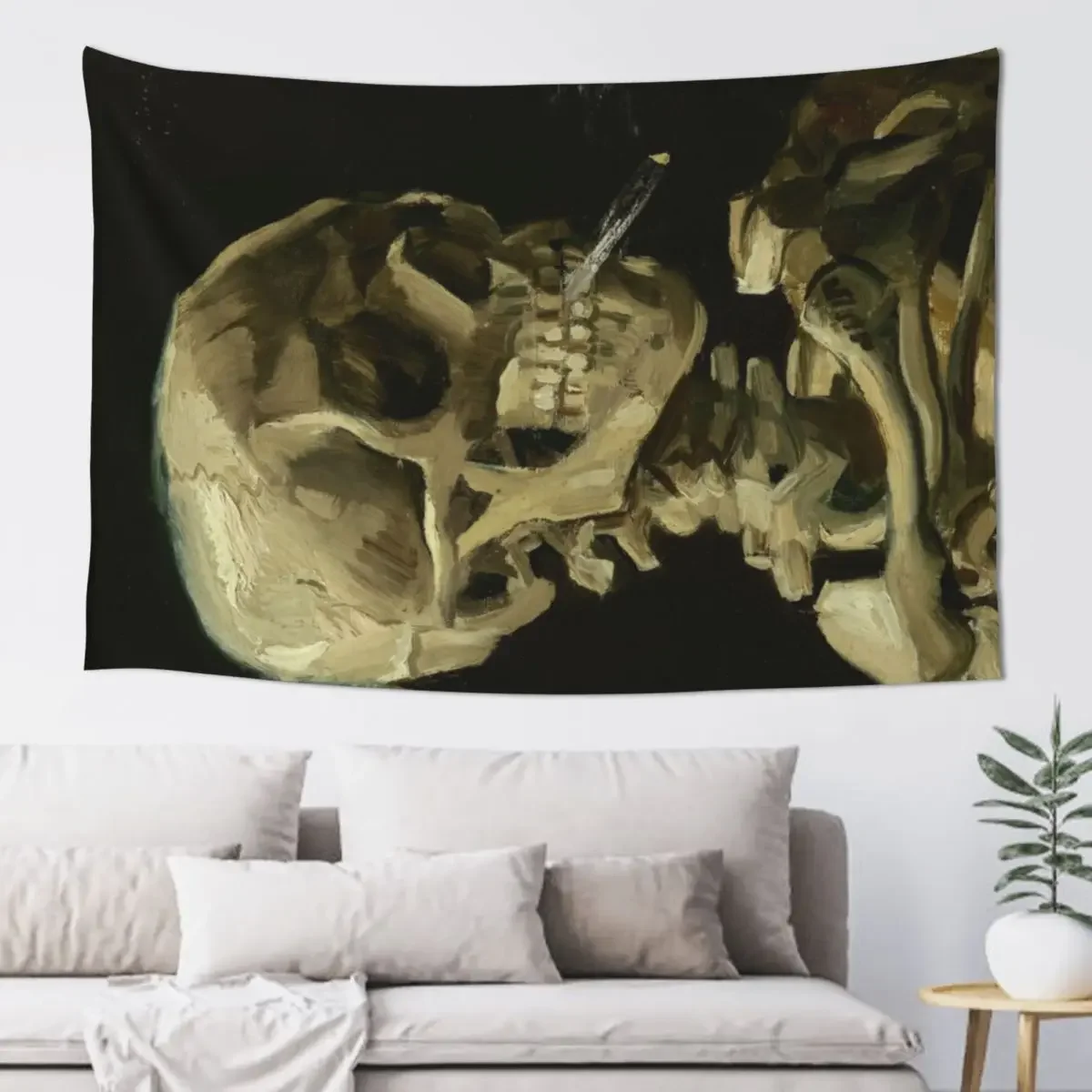 Skull of a Skeleton with Burning Cigarette - Van Gogh Tapestry Carpet On The Wall Room Decoration Accessories Wall Art Tapestry