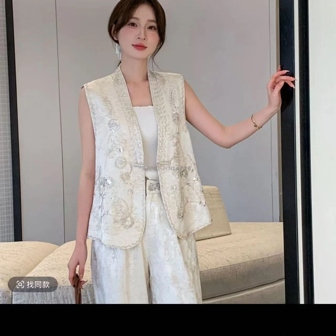 Spring Autumn Luxury Women Vest Beaded Chinese Sequins Loose Single-breasted Vest Fashion V-neck Embroidery Daily Fashion Coat