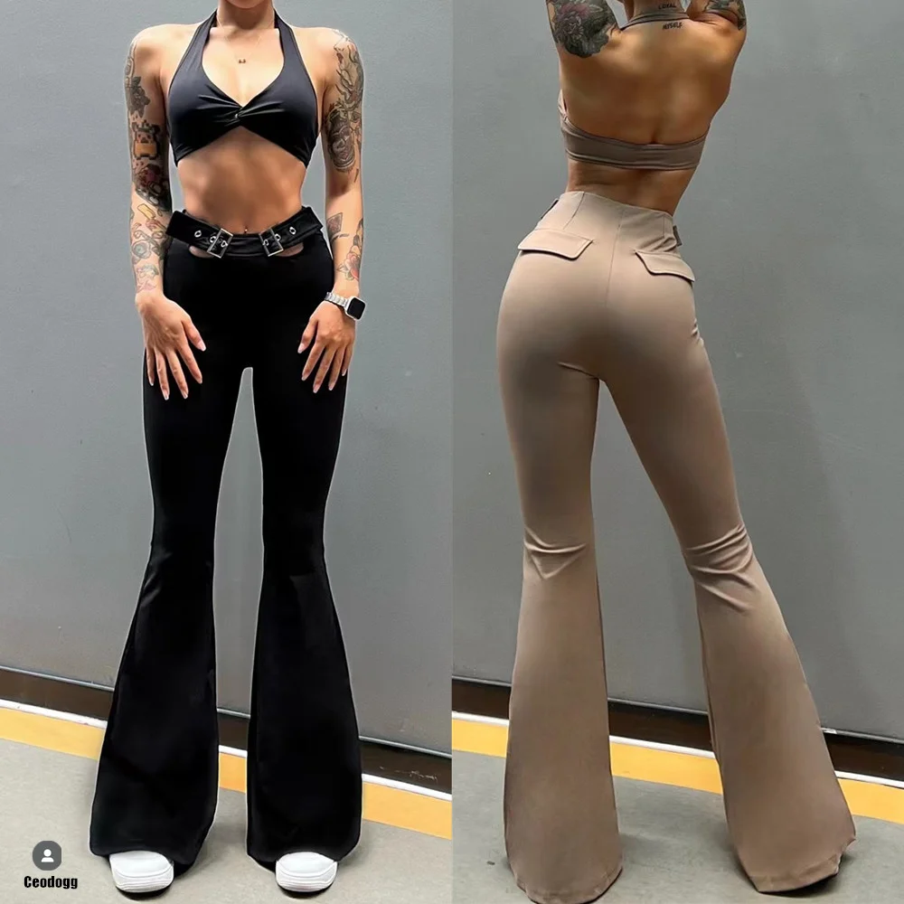 2024 1/2PCS Fitness Women Buckle Yoga Set High Waist Squat Proof Workout Flare Pant Gym Legging Outfit Active Suit Wear