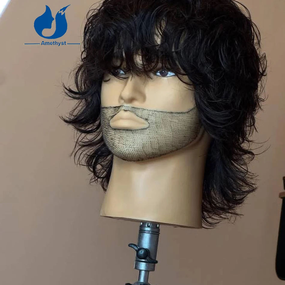 

Amethyst Layered Wave Curly Mullet Wig for Men Brazilian Remy Hair Pre Styled 13x6 Frontal Wig Short Cut with Bangs Male Hair