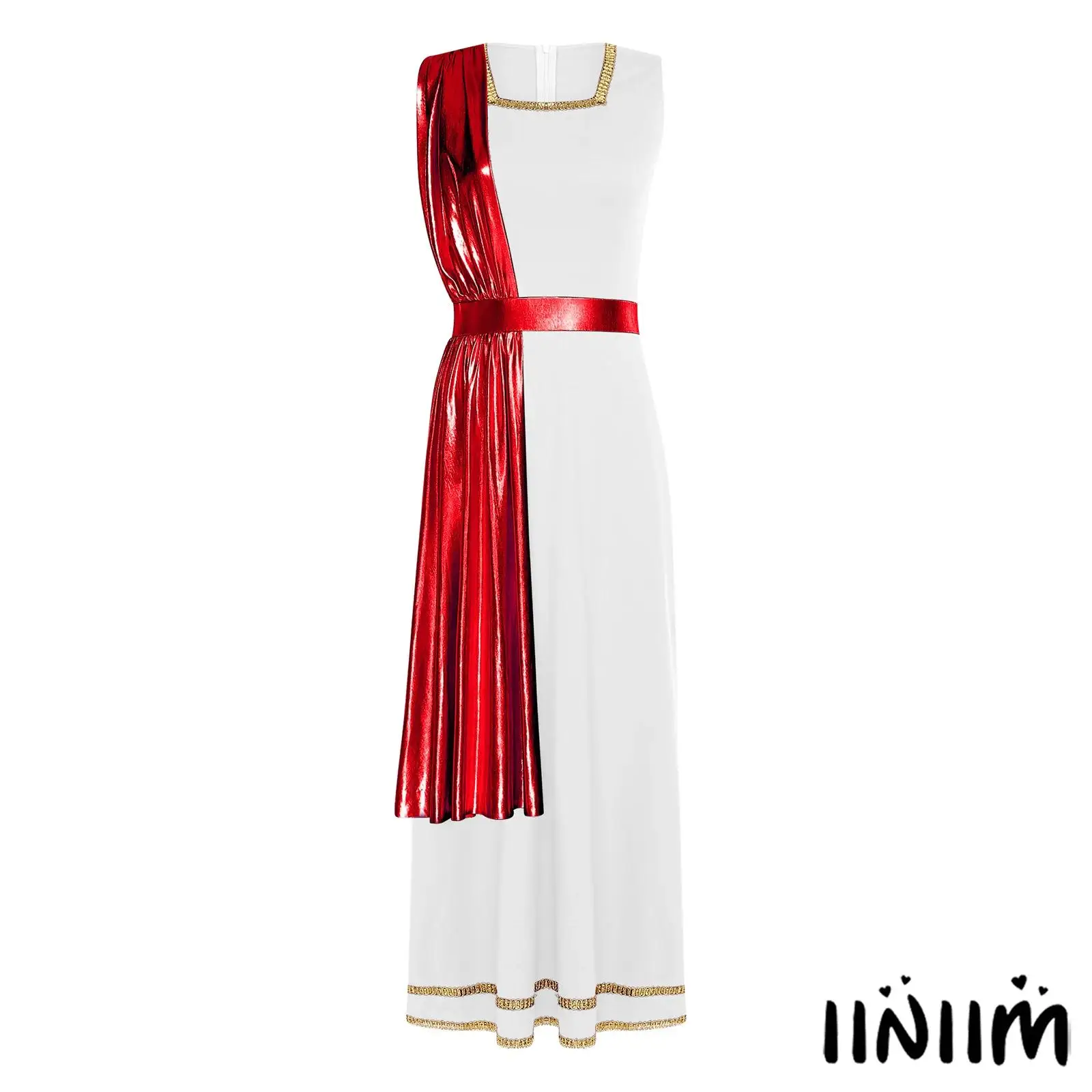 

Womens Elegant Square Neck Sleeveless Gold Trim Dress Polyester Spandex Blend for Ancient Greek Halloween Cosplay‌ Costume