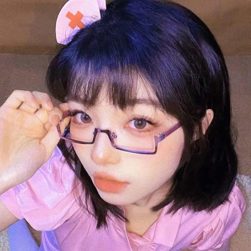 Y2K Japanese Anime Glasses Frame Small Square Cosplay Red Half-Frame Glasses No Lenses Fashion Metal Rectangular Eyeglasses