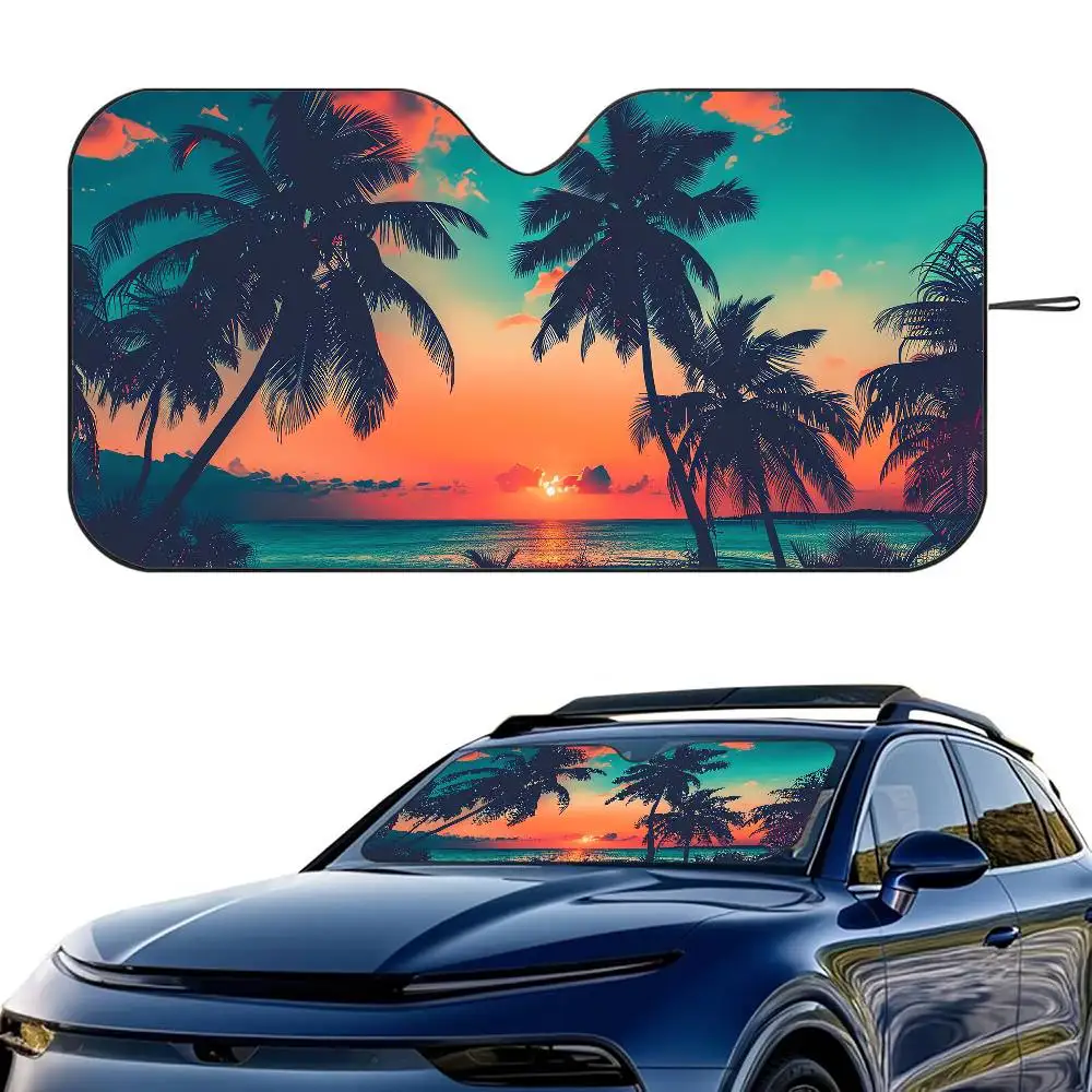 Hawaii Beach Palm Tree Car SunShade Windshield Foldable Three-layer Insulation Sunshade By Suction Cup Blocks UV Rays Sun