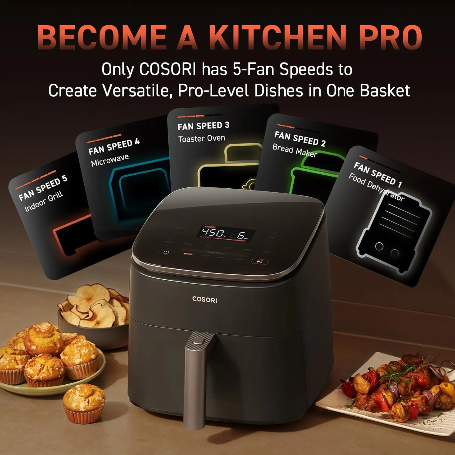 COSORI Air Fryer 9-in-1, Compact & Large 6-Qt, Fast Turbo Modes, 90°–450°F Even Results With Precise Temperature Control,