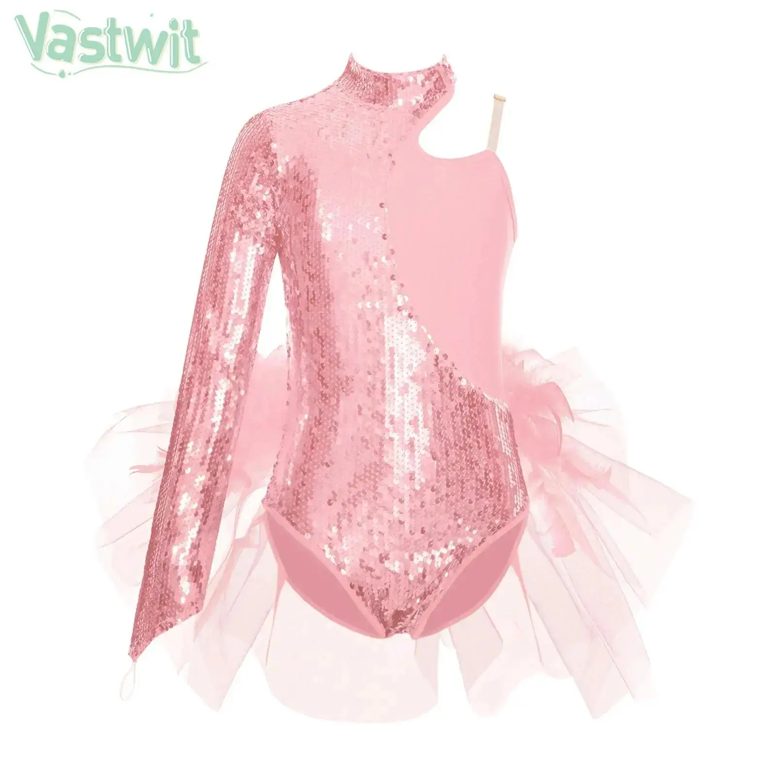 Girls Figure Skating Dress Ballet Dance Tutu Gymnastics Leotard Shiny Sequin Feather Skirted Bodysuit Performance Dancewear