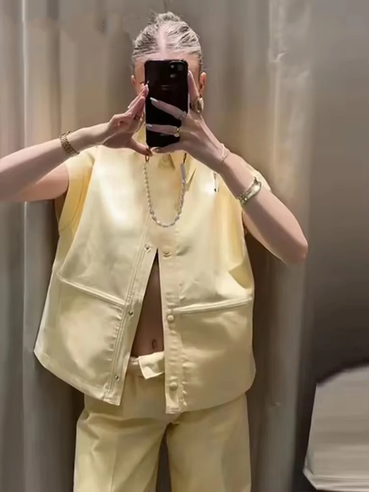 스트리트 패션 조끼 바지 세트 여성 투피스 라펠 반팔 조끼 와이드 레그 바지 2025 여름 캐주얼 의상