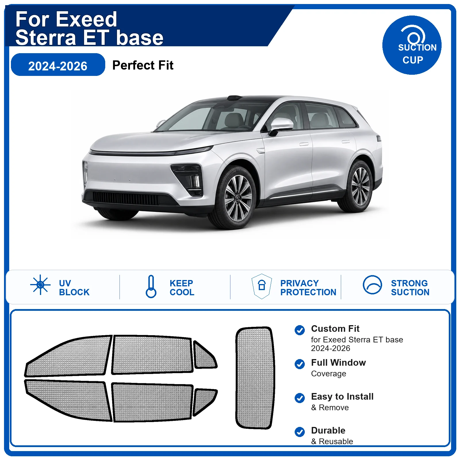 For Exeed Sterra ET base 2024-2026 Custom Full Set Windshield Sun Shade Aluminum Foil Heat Insulation Anti UV Foldable