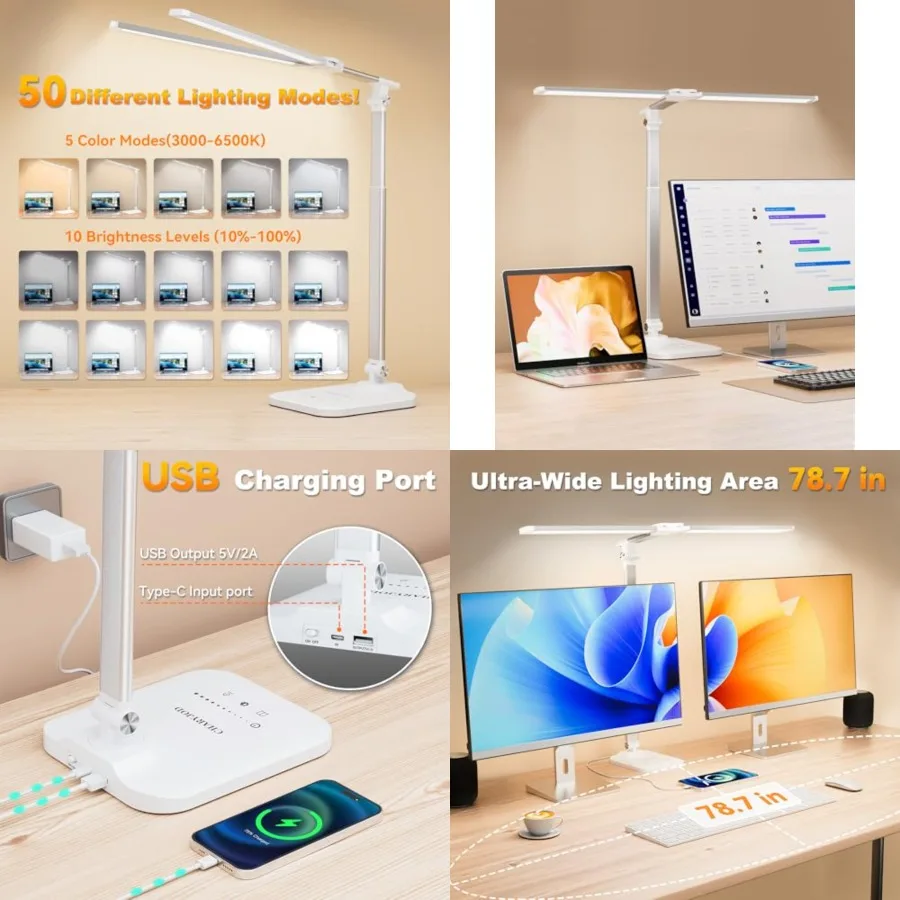 LED Desk Lamp for Office Home, Height Adjustable Architect Desk Light with USB Adapter, Stepless Dimming 50 Lighting Modes, Eye