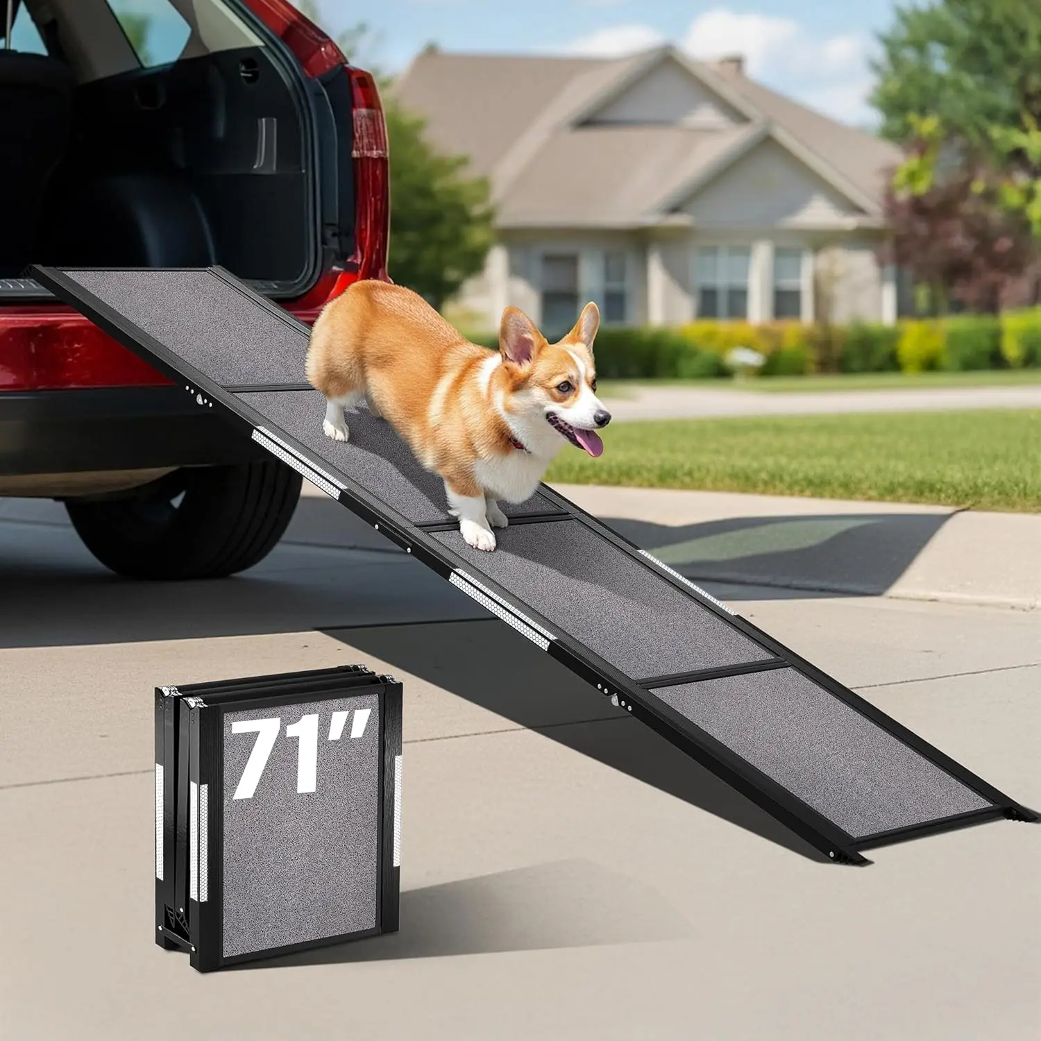 Foldable Dog Car Ramp 71"L x 17"W for SUV, Truck, Bed & Sofa, Anti-Slip, Small to Large Breeds