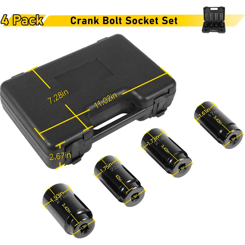 4pcs Crank Bolt Socket Kit 17mm 21mm 22mm 27mm Harmonic Balancer Socket Set Deep Impack Socket Heavy Duty 1/2