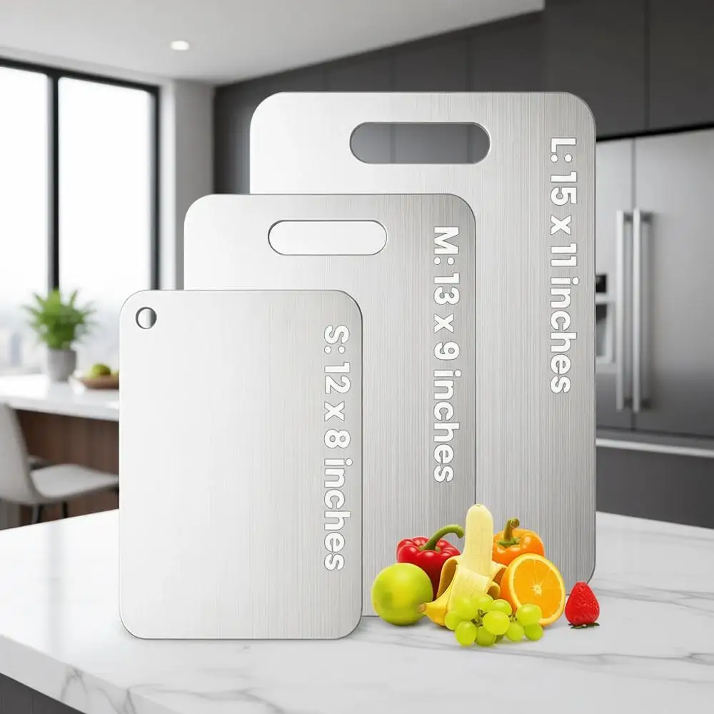 

Набор из трех разделочных досок из 100% чистого титана для кухни, двусторонние, нетоксичные, можно мыть в посудомоечной машине (маленькие, средние, большие)