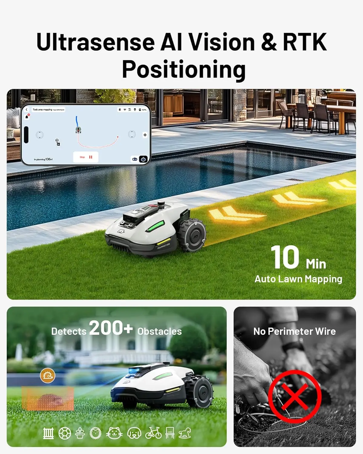 Customizable Robotic Lawn Mower For 0.12 Acre,Ultrasense AI Vision+ RTK Positioning, Auto Mapping