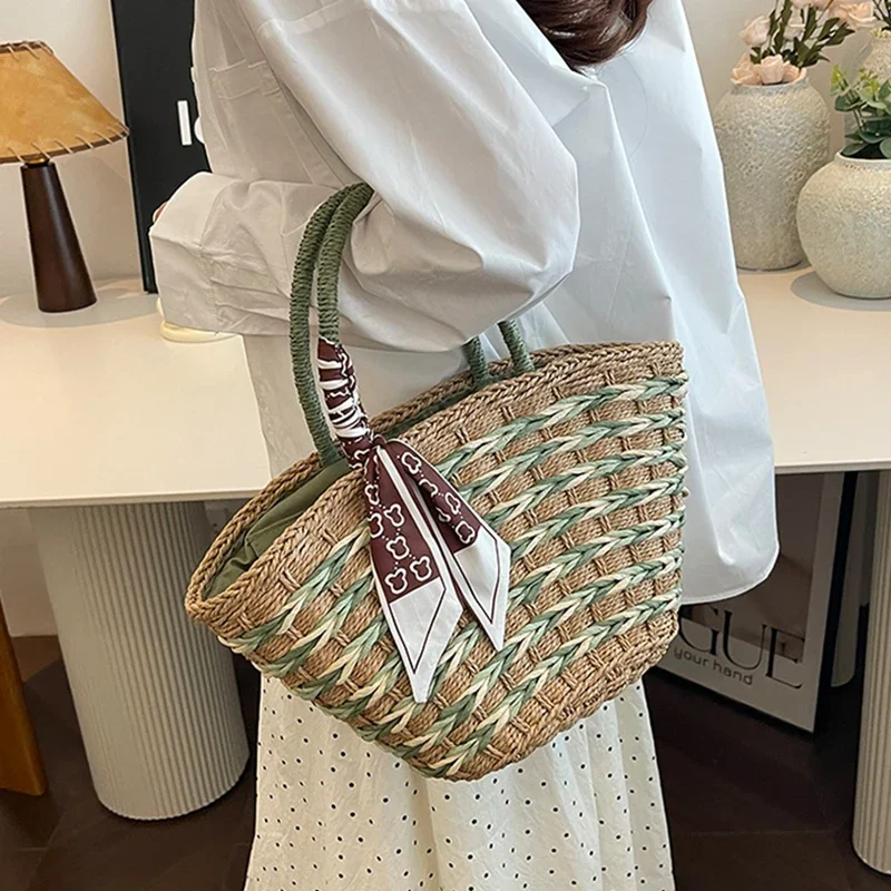 Summer Straw Woven Handbags Women Large Capacity Vegetable Basket Bags 2025 Trend Lady Seaside Vacation Beach Bag