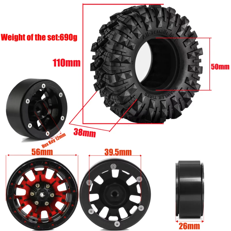 4Psc 1.9 Beadlock Wheels and Tires Set Mud Specific Tire Metal wheels for 1/10 RC Crawler Car Axial SCX10 Pro Capra UTB18 TRX4